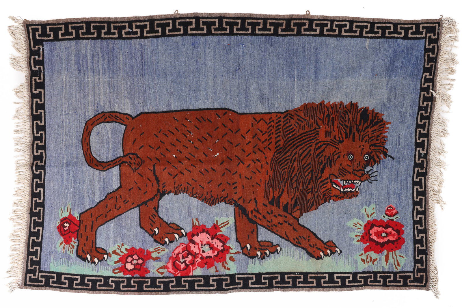 Pictorial Kilim, Walking Lion, Turkey, Mid 20th C., 5'0'' x 7'8'': Pictorial Kilim, Walking Lion, Turkey, Mid 20th C., 5'0'' x 7'8'' (152 x 234 cm). Weight: 10 lbs. Wool.