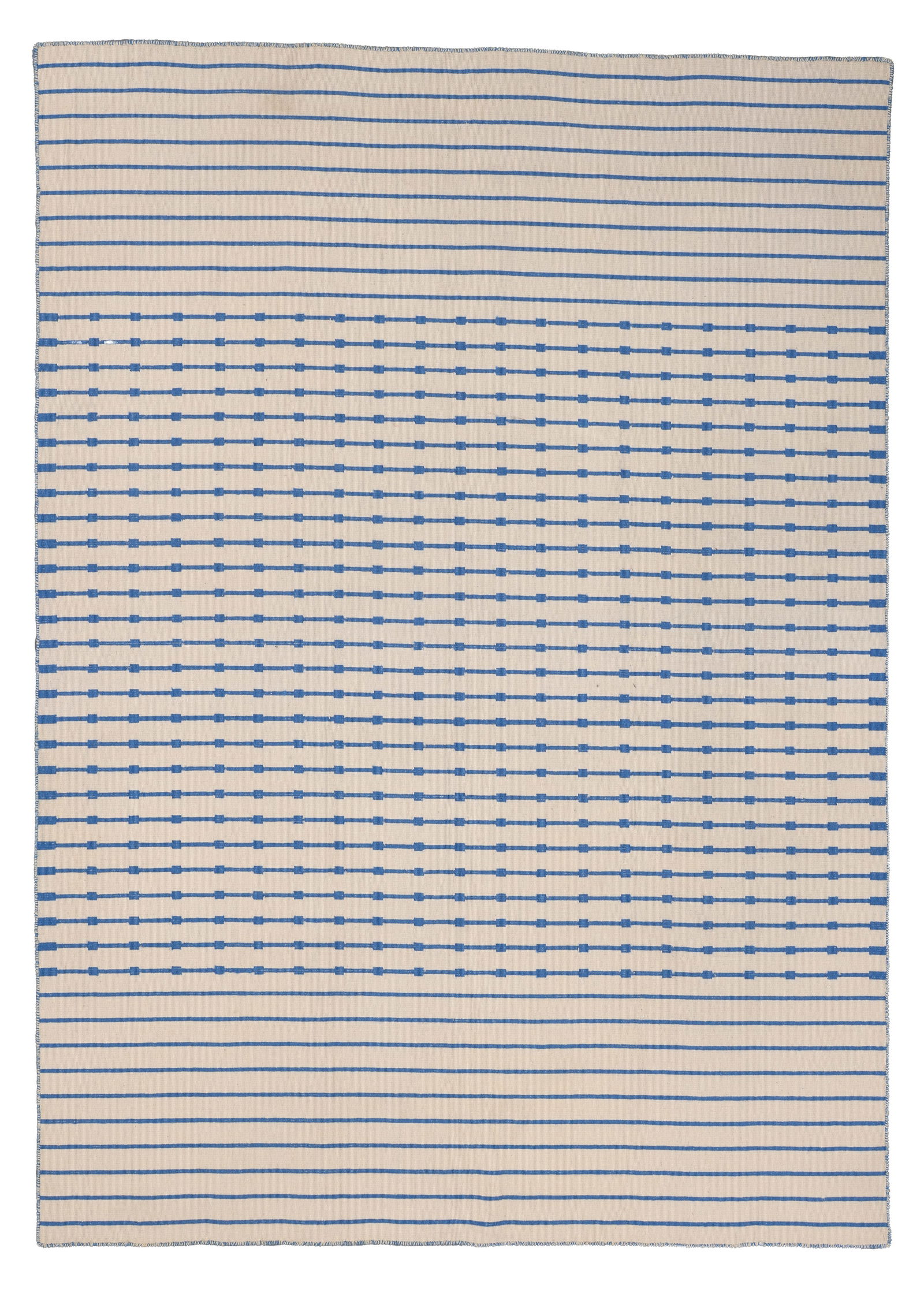 Striped Blue and White Wool Dhurrie, India, Mid 20th C., 5'6'' x 7'8'': Striped Blue and White Wool Dhurrie, India, Mid 20th C., 5'6'' x 7'8'' (168 x 234 cm). Weight: 16 lbs. Wool.