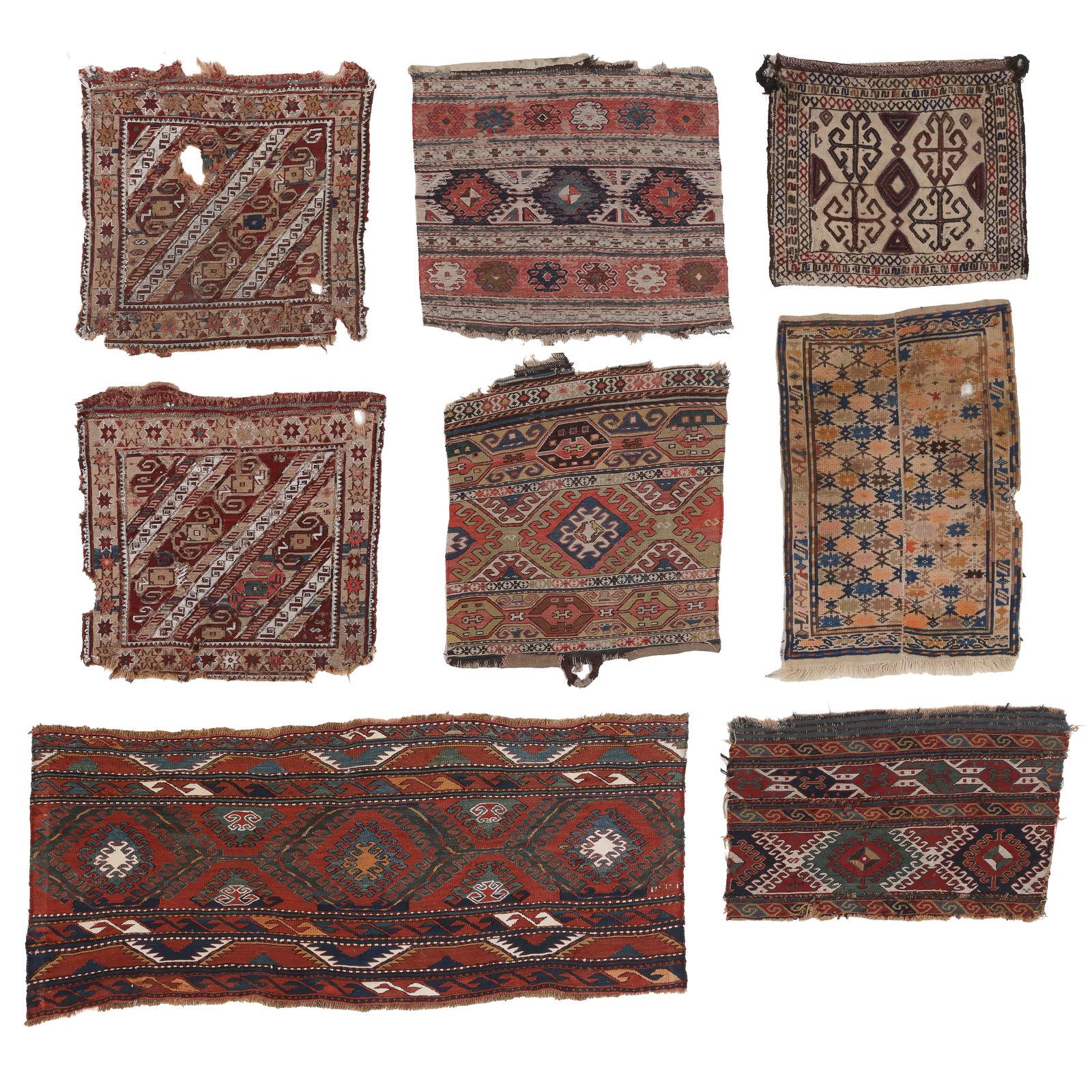 Group of 8 Various Flatweaves/Fragments, Caucasus: Group of 8 Various Flatweaves/Fragments, Caucasus, Late 19th/Early 20th C., largest: 3'10'' x 1'8'' (117 x 51 cm). Weight: 9 lbs. Wool.