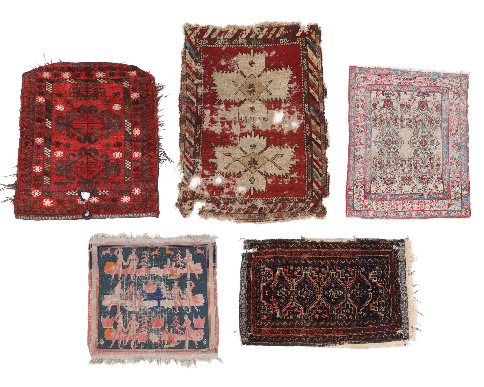 Group of 5 Mixed Weavings, Late 19th/Early 20th C.: Group of 5 Mixed Weavings, Late 19th/Early 20th C., largest: 2'4'' x 3'1'' (71 x 94 cm). Weight: 8 lbs. Wool.
