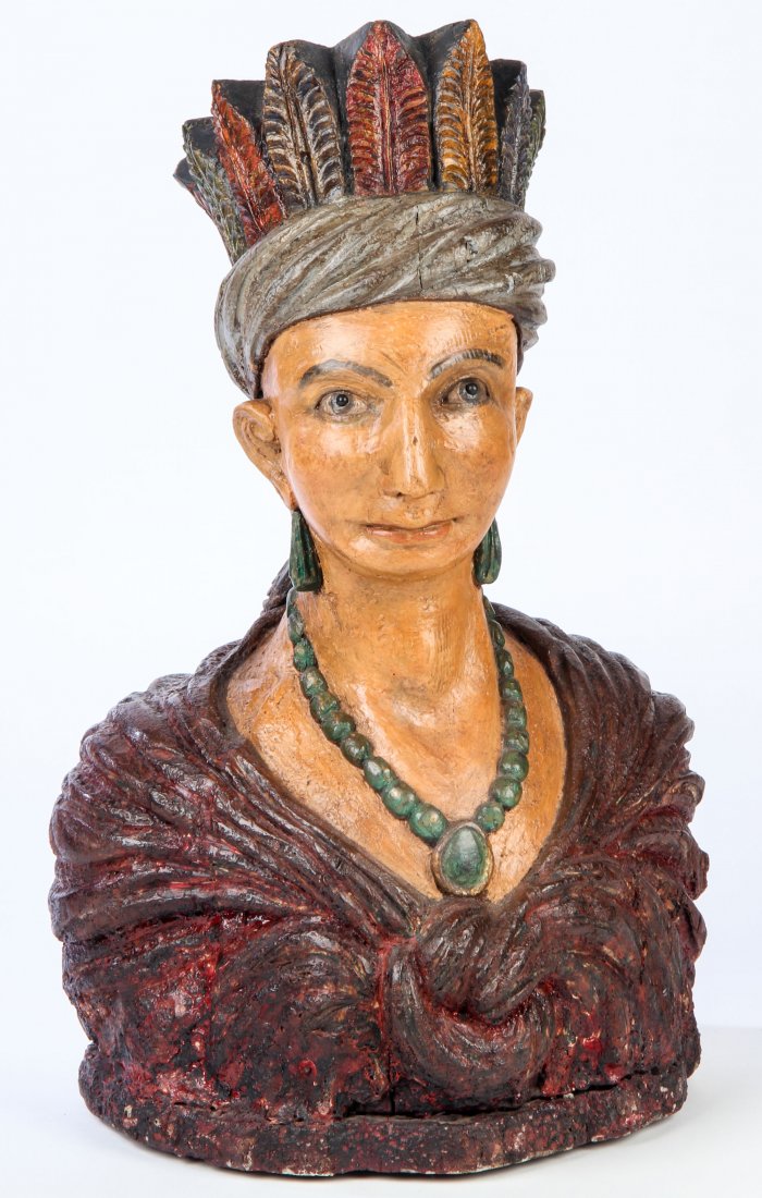 Anonymous, Mid 19th C. American Counter Top Indian: Anonymous, Mid 19th C. American Counter Top Indian, carved and painted wood. Size: 20" x 12.5" x 10". George and Sue Viener collection.