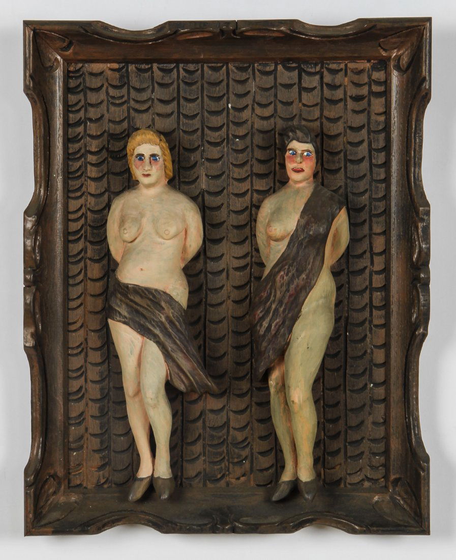 Clarence Stringfield. Folk Art Plaque: Clarence Stringfield. Folk Art Plaque. Carved female figures mounted and framed. Size: 19" x 15" x 2" Provenance: ex. Sterling Strauser to a private collection in New Jersey.