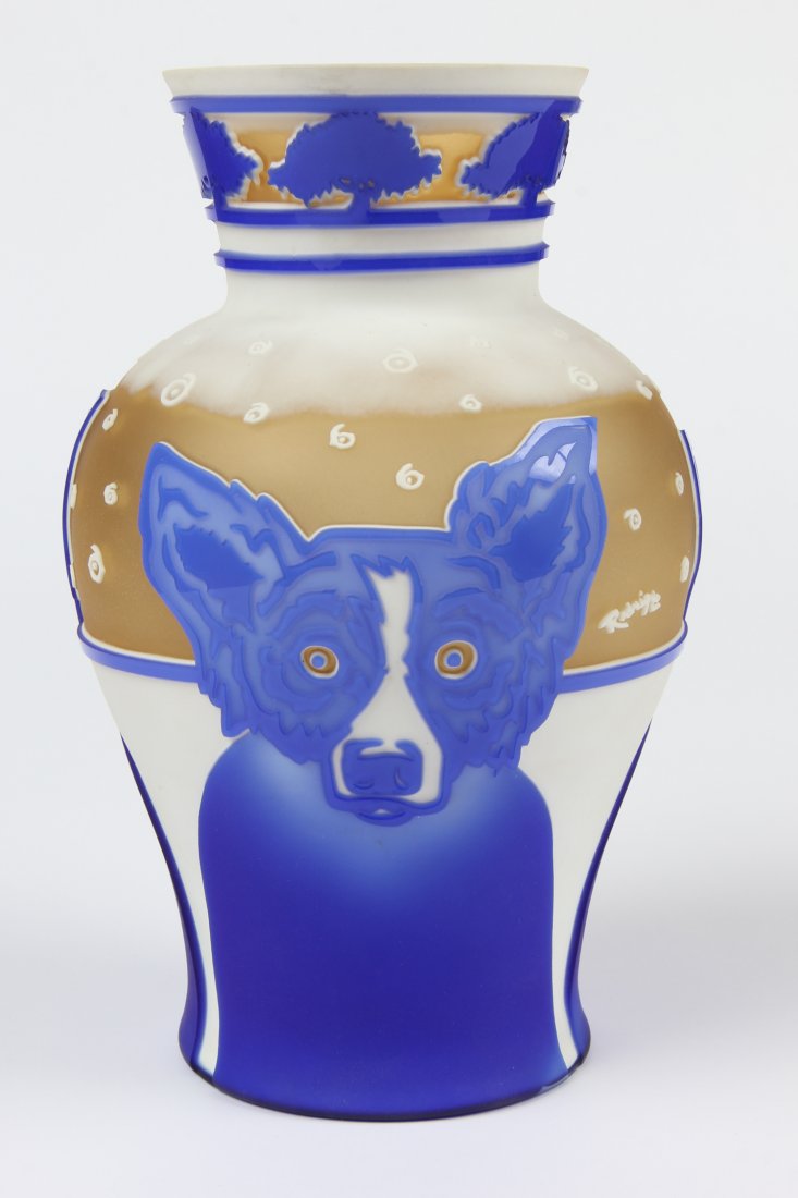 George Rodrigue, Rare Cameo Glass "Blue Dog" Vase: George Rodrigue (American/Louisiana, b. 1944), Rare Cameo Glass "Blue Dog" Vase, produced by the Pilgrim Glass Company, the underside etched with the limited edition number "31/35" and the Pilgrim Gla