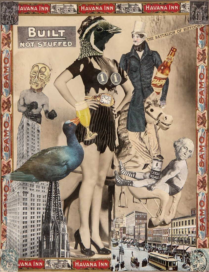 Felipe Jesus Consalvos (Cuban-American, 1891-1960), "Bu: Felipe Jesus Consalvos, (Cuban-American, 1891-1960). "Built- Not Stuffed", circa 1920/50. Mixed media collage. Provenance: Fleisher/Ollman Gallery. Sheet Size: 10 x 8 inches (25.4 x 20.32 cm); Frame S