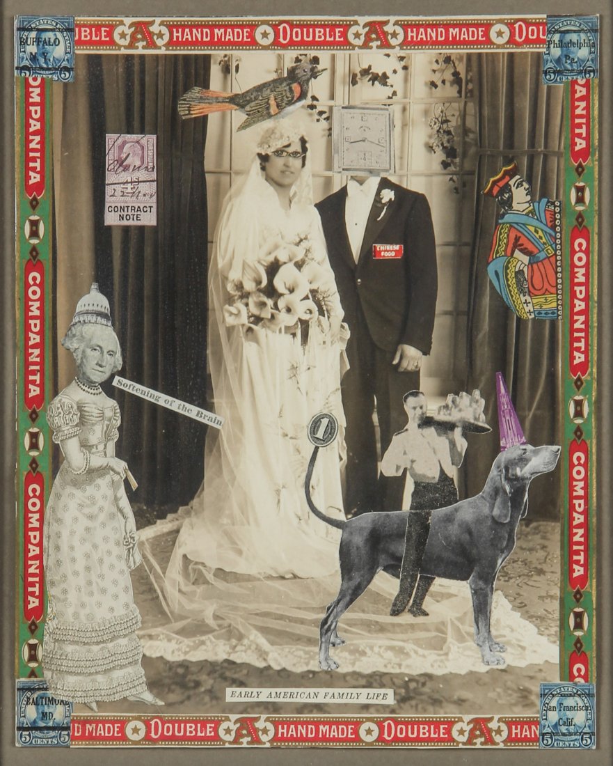 Felipe Jesus Consalvos (Cuban-American, 1891-1960): Felipe Jesus Consalvos (Cuban-American 1891-1960). "Early American Family Life (Softening the Brain)", circa 1920/50. Medium: Mixed media collage on photograph. Size: 10" x 8". Provenance: Fleisher Ol