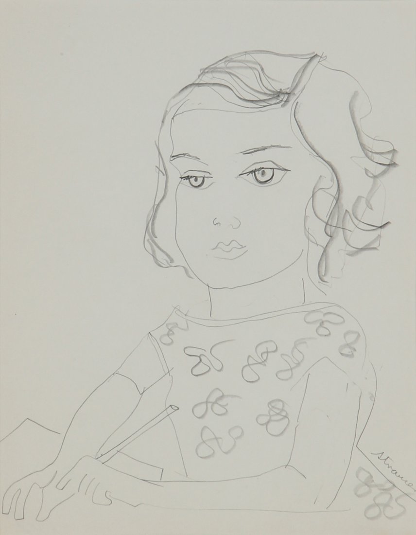 Sterling Strauser (American, 1907-1995) "Girl": Sterling Strauser (American, 1907-1995) "Girl". Size: 9.5" x 7.5" (Sight), 15" x 12.75" (Frame). Medium: pencil on paper. Provenance: George and Sue Viener collection.