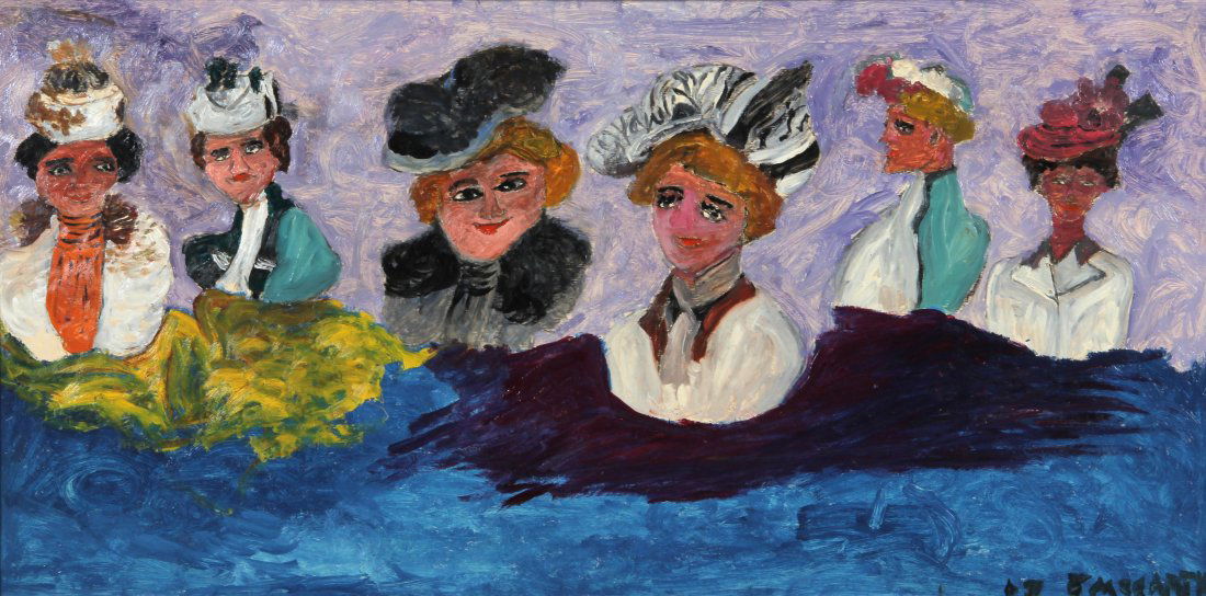 Justin McCarthy "Six Ladies with Fancy Hats": Justin McCarthy (1892-1977), "Six Ladies with Fancy Hats", 1968. Size: 48" x 24". Medium: oil on masonite. Provenance: a collector in Washington DC.