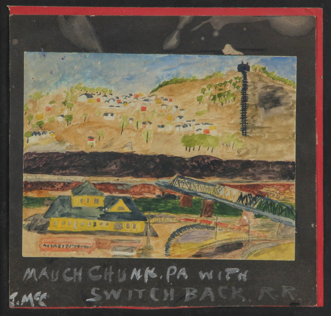 Justin McCarthy "Mauchchunk, PA With Switchback RR": Justin McCarthy (1892-1977); "Mauchchunk, PA With Switchback RR". Size: 13" x 13.75" (Sight), 16.5" x 17" x 1" (Frame). Medium: Paint on paper. Provenance: George and Sue Viener collection.
