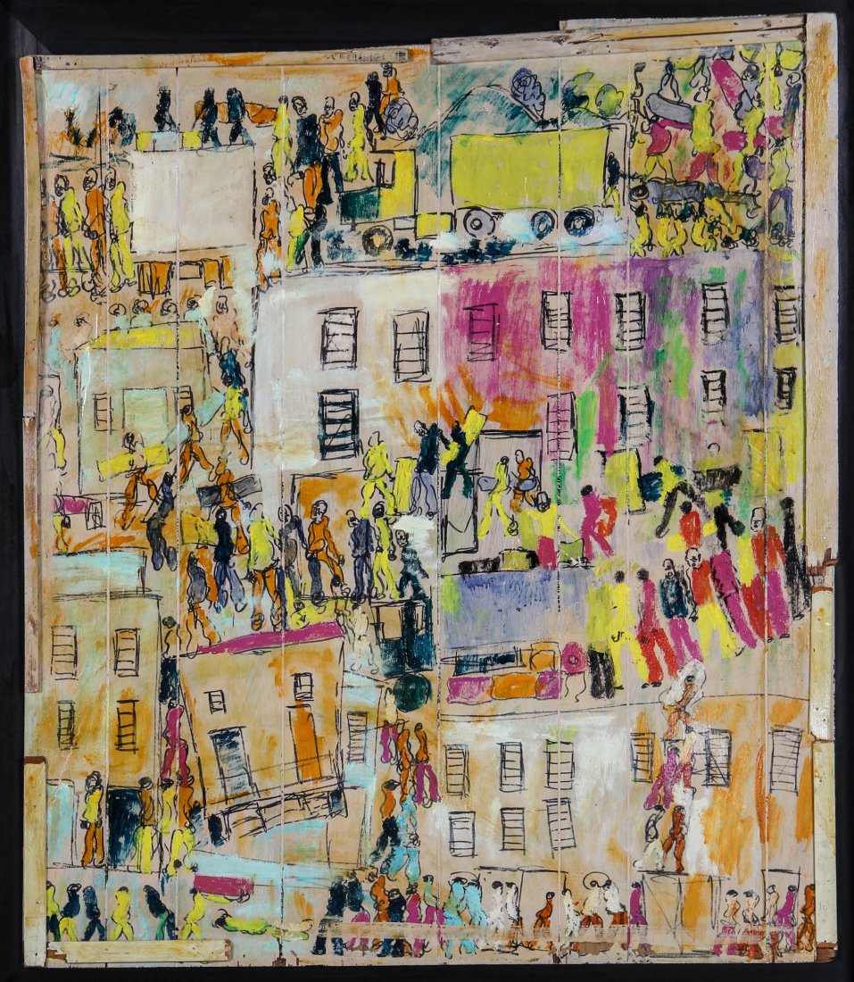 Purvis Young (American, 1943-2010): Purvis Young (1943-2010), Untitled, c. 1980's. Size: 55" x 47" (Irregular), 58" x 51" x 2.5" (Frame). Medium: enamel on wood. Provenance: Grumbacher-Viener collection. Featured in "Purvis of Overtown"