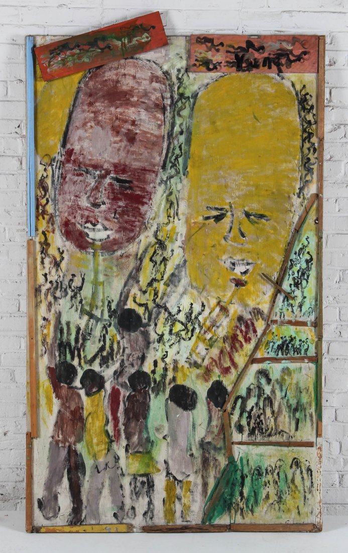Purvis Young (American, 1943-2010): Purvis Young (1943-2010), Untitled, 1980's. Size: 84" x 48". Medium: assemblage with enamel on wood on 5/8" plywood. Provenance: Grumbacher-Viener collection.
