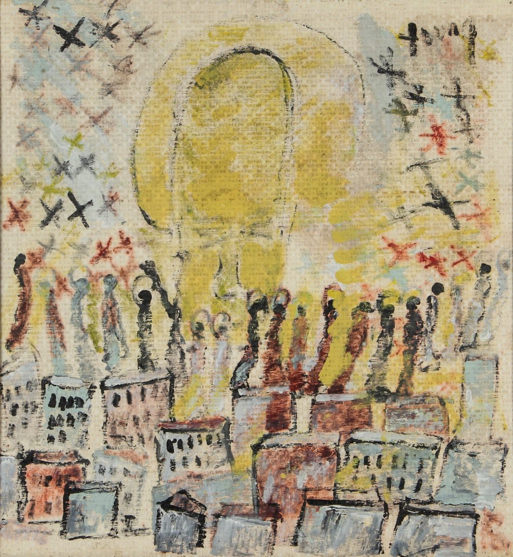 Purvis Young (American, 1943-2010) Buildings and Angels: Purvis Young (1943-2010), Untitled (Buildings and Angels). Size: 39" x 36.5" (Stretcher), 42" x 39.25" x 1.5" (Frame). Medium: house paint on stretched fabric. Provenance: Grumbacher-Viener collection