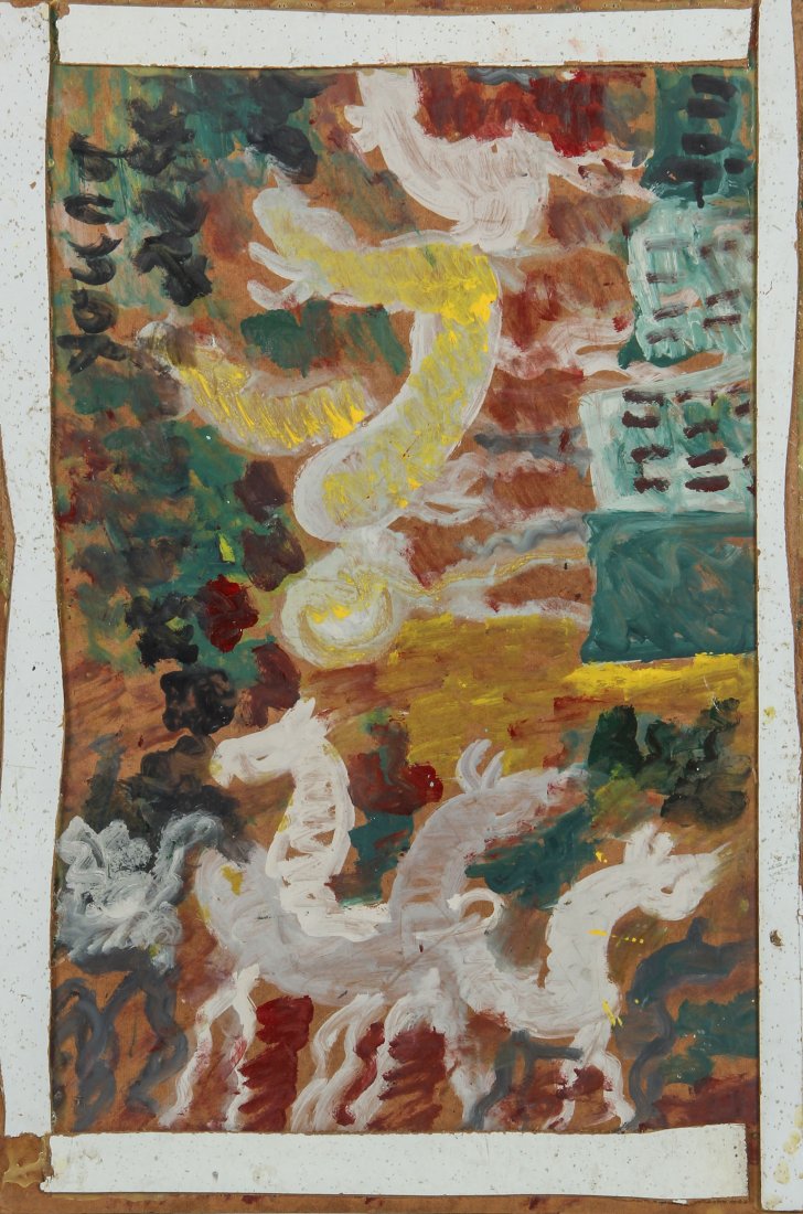 Purvis Young (American, 1943-2010): Purvis Young (1943-2010), Untitled. Size: 24.25" x 36". Medium: assemblage with enamel on masonite. Provenance: Grumbacher-Viener collection.
