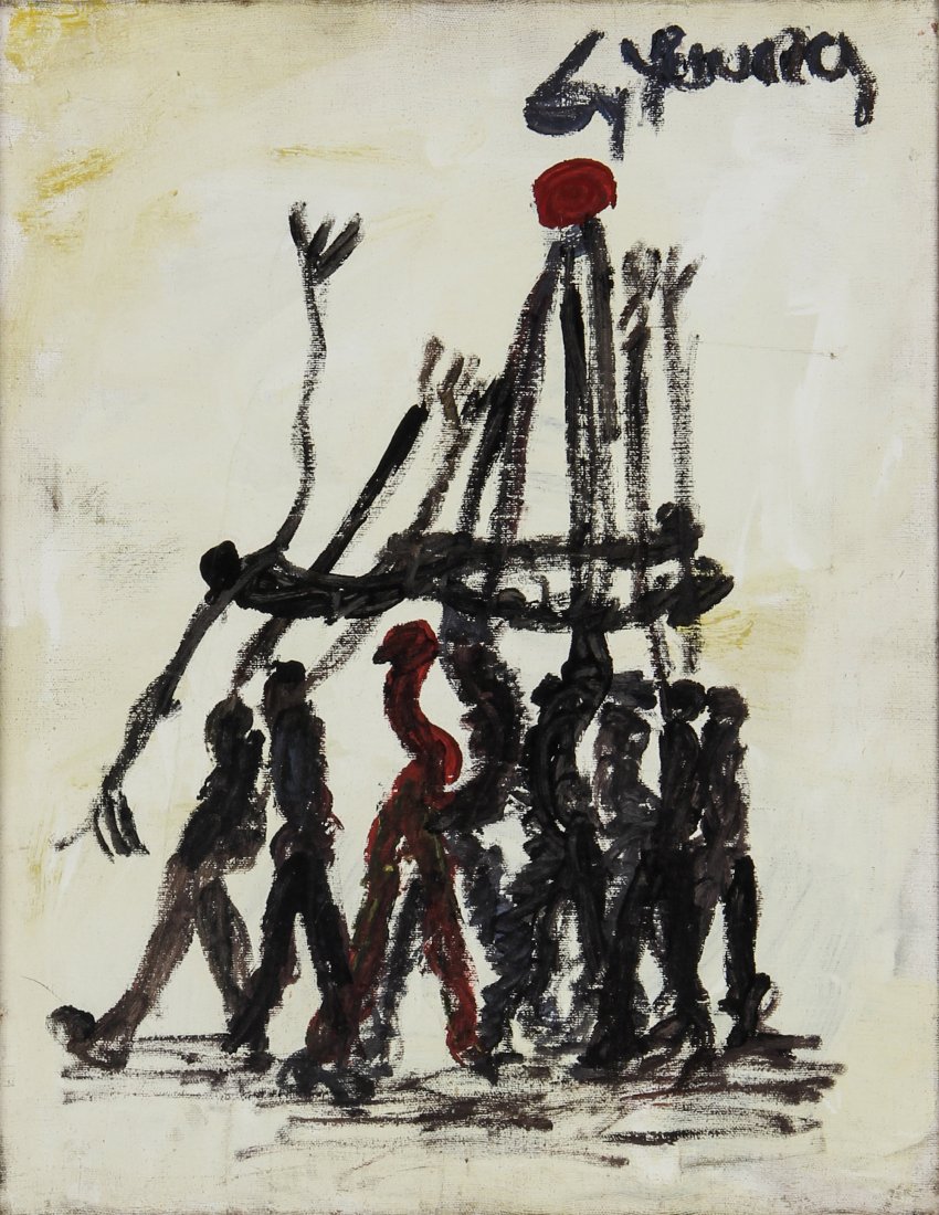 Purvis Young (American, 1943-2010) Basketball Game: Purvis Young (1943-2010), Untitled (Basketball Game), c. 1980's. Size: 18" x 14" (Stretcher), 18.75" x 14.75" x 1.5" (Frame). Medium: acrylic on canvas. Provenance: Grumbacher-Viener collection.