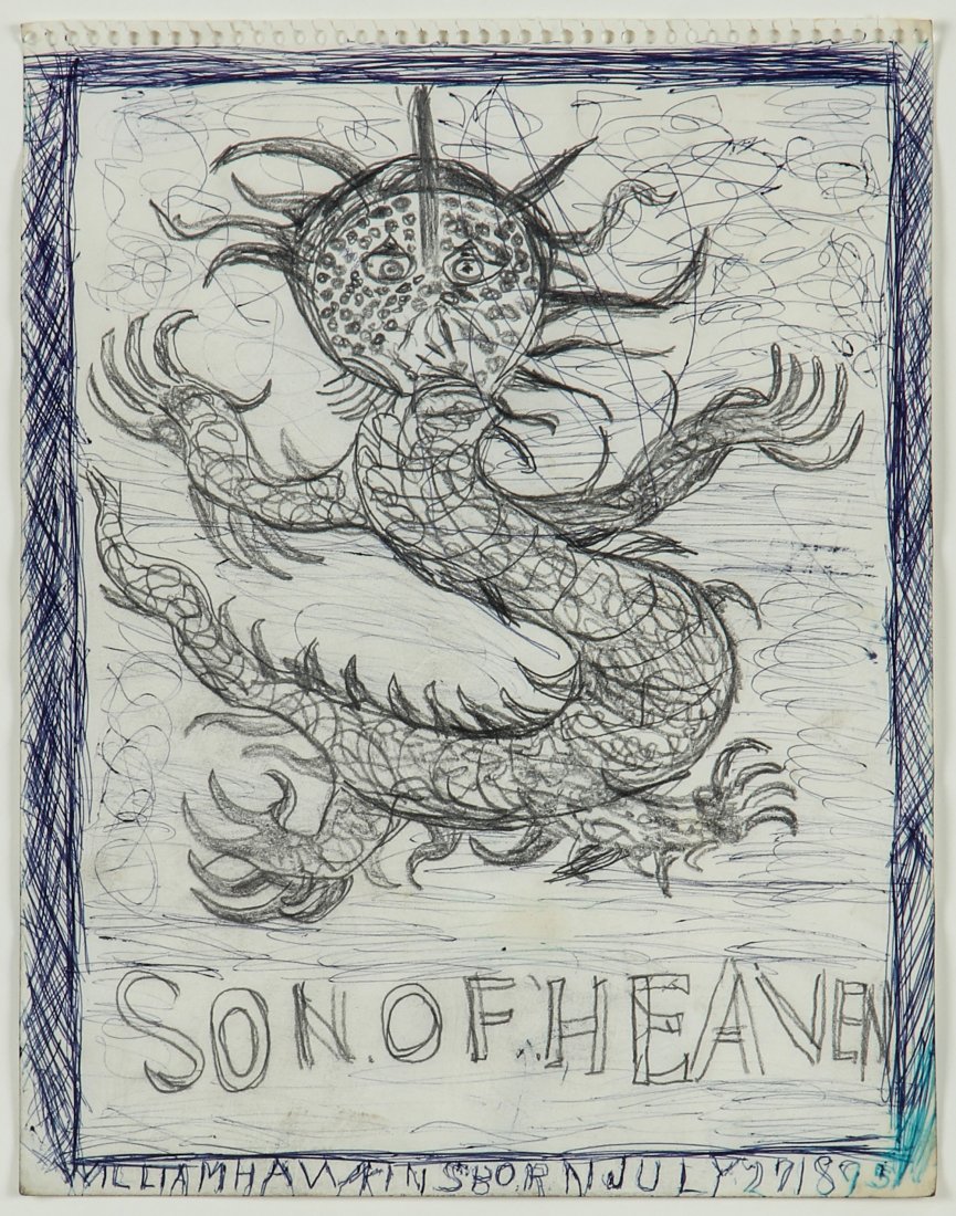 William Hawkins "Son of Heaven": William Hawkins (1895-1990, B. Kentucky, Active: Ohio) "Son of Heaven", undated. Size: 14" x 11". Medium: ink & pencil. Provenance: a collector in Washington DC.