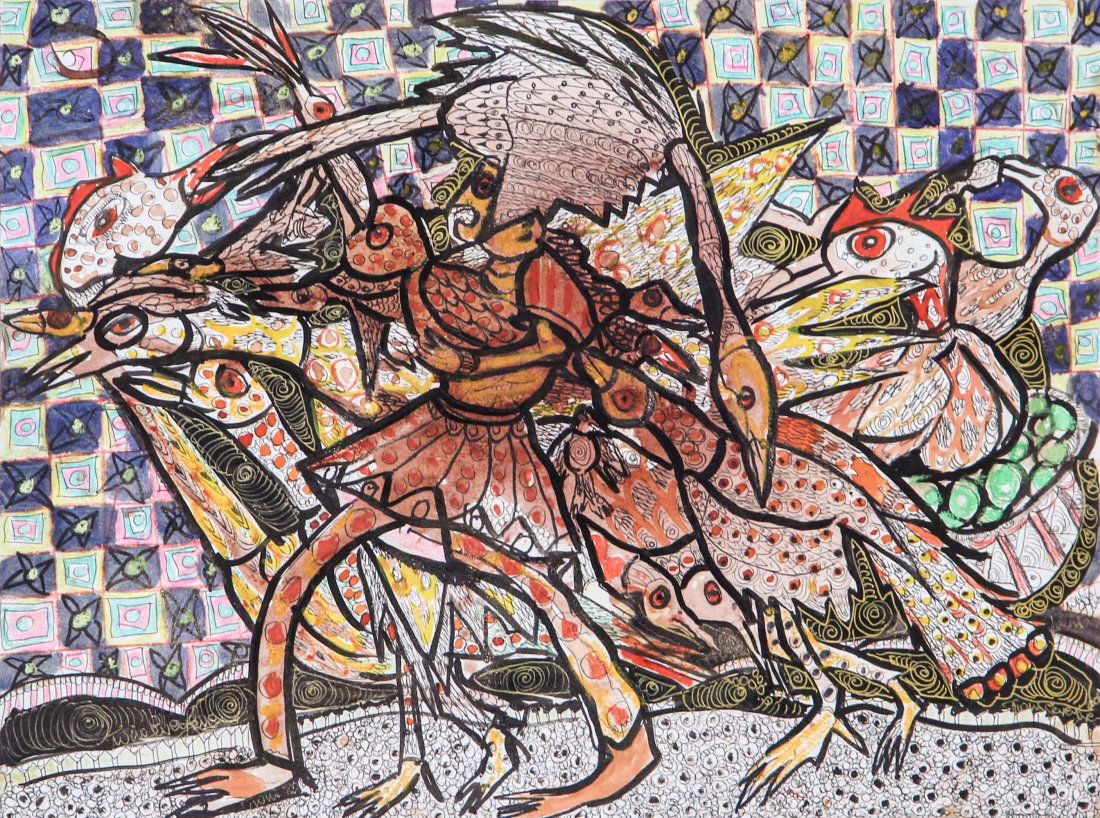 Prince Twins Seven Seven (Nigerian, b. 20th c.): Prince Twins Seven Seven (Nigerian, 1944-2011), ink, watercolor, acrylic on paper, signed lower right. Literature: See Henry Glassie, "Prince Twins Seven-Seven: His Art, His Life In Nigeria, His Exile