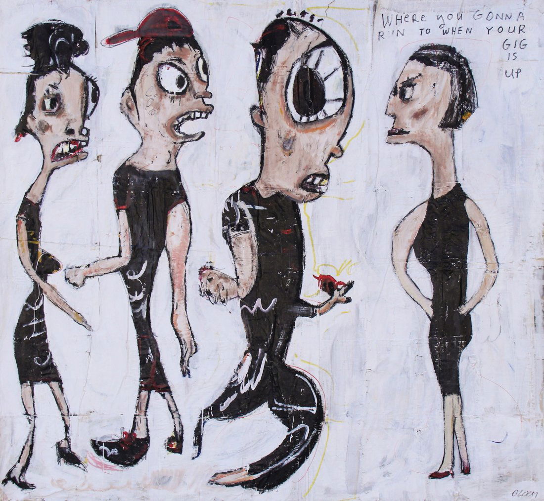 Jim Bloom "Where you gonna run to": Jim Bloom (American, b. 1968), "Where you gonna run to". Size: 72.25" x 77". Medium: paint and marker on rolled newspaper & masking tape. Provenance: George and Sue Viener collection.