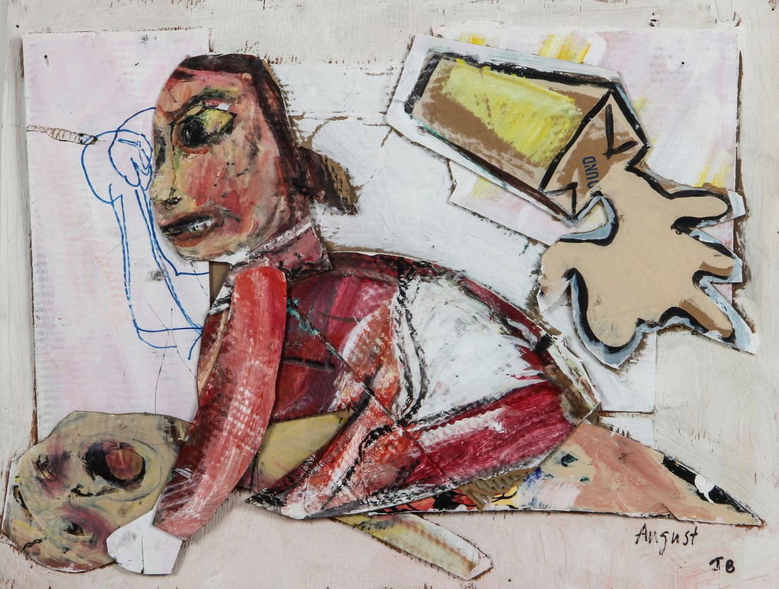 Jim Bloom "Spilled milk": Jim Bloom (American, b. 1968), "Spilled milk". Size: 31" x 24". Medium: mixed media collage on wood. Provenance: George and Sue Viener collection.