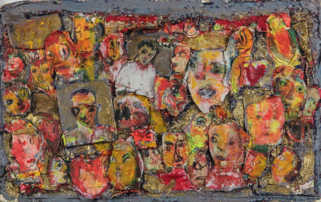 Jim Bloom "Sissy 77": Jim Bloom (American, b. 1968), "Sissy 77". Size: 30" x 19". Medium: thick collage with gold paint, paint & mm on foam board, framed. Provenance: George and Sue Viener collection.