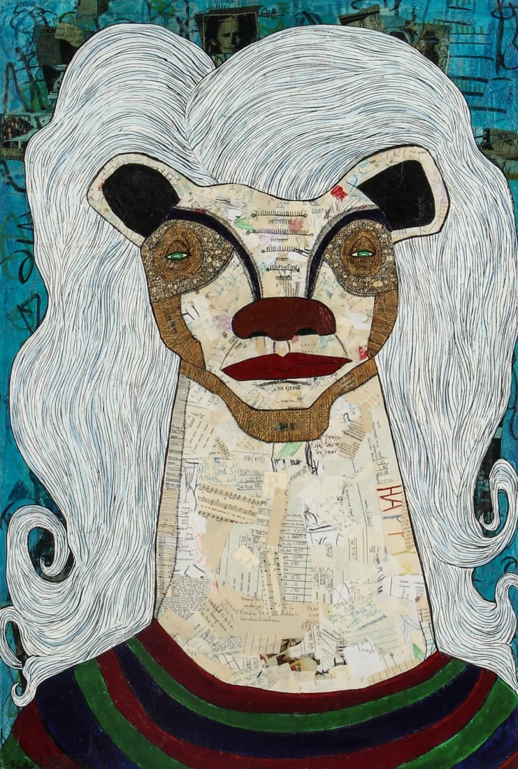 Gabriel Shaffer "To Water My Ashes Tray": Gabriel Shaffer, "To Water My Ashes Tray". Size: 36.25" x 24.5" x 2.75". Medium: mixed media collage on canvas. Provenance: George and Sue Viener collection.