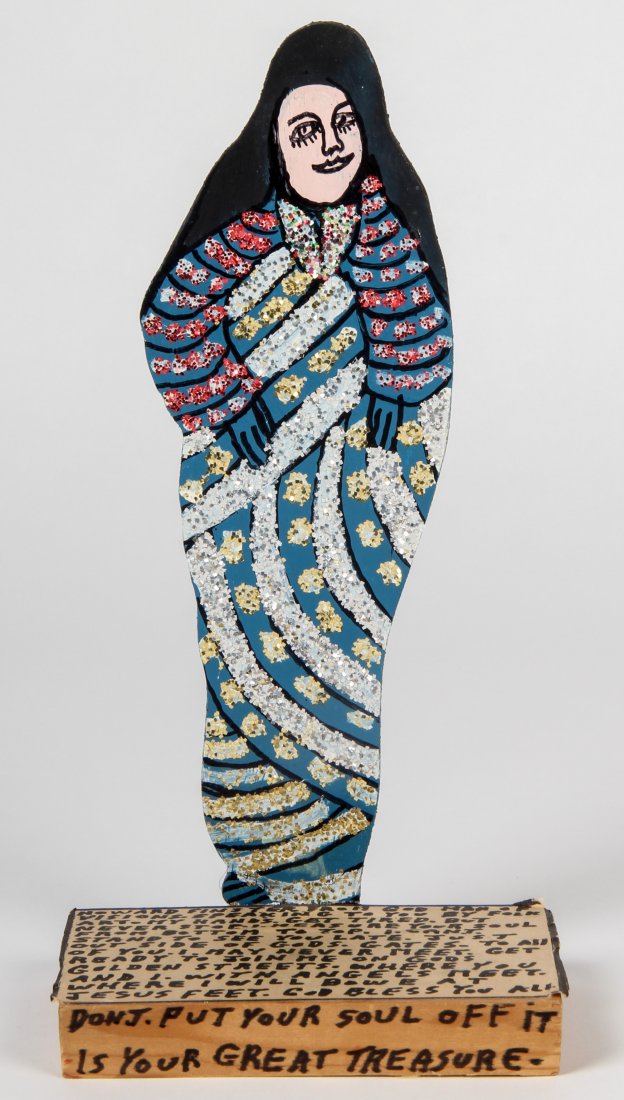 Howard Finster "Woman in Glitter": Howard Finster (American, 1916-2001), "Woman in Glitter". Size: 10" x 5" x 3.5". Medium: paint on wood. Provenance: George and Sue Viener collection.