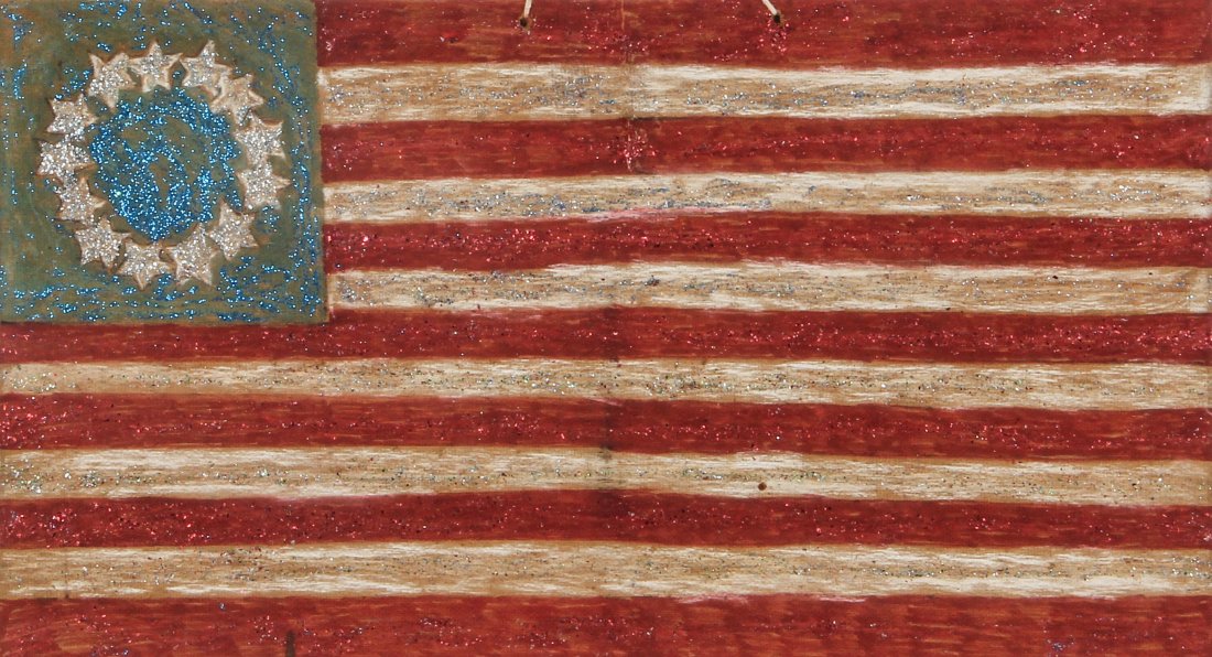 Baltimore Glassman "First Flag of USA": Paul Darmafallâ€š"Baltimore Glassmanâ€š" (1925- 2003, Active: Maryland) "First Flag of USA", ca. 1980's. Medium: paint & glitter on wood. Size: 14" x 25.5". Provenance: a gentleman in Virginia