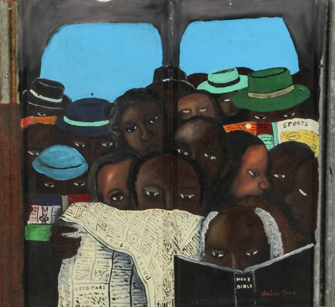 Arbon Lane "Readin in the Back of the Bus": Arbon Lane (d. 2005, Active: North Carolina) "Readin in the Back of the Bus", undated. Medium: paint on metal. Size: 24.5" x 26.5". Provenance: Artist to Owner.