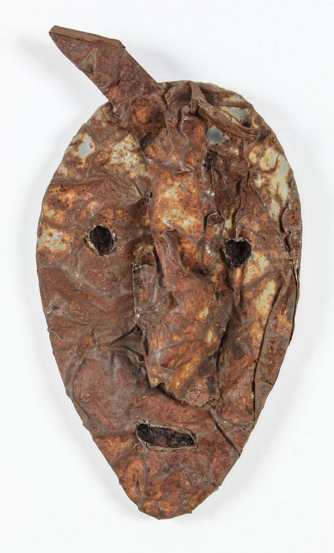 Jerry Coker (American, b. 1938) Mask: Jerry Coker (American, b. 1938) Mask, metal. Size: 18" x 10.5" x 3". George and Sue Viener collection.