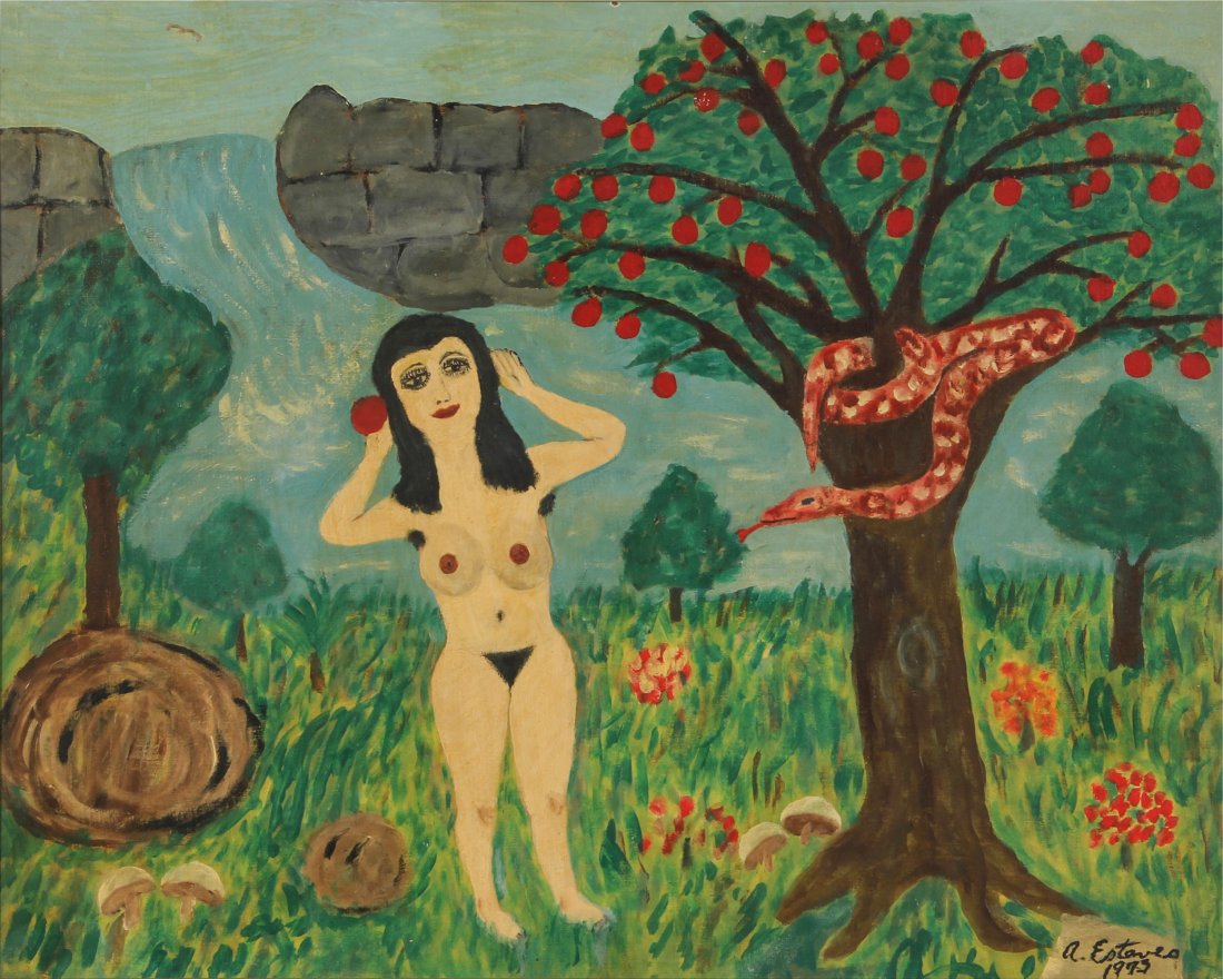 Antonio Esteves. Folk Art Painting. Eve. 1993: Antonio Esteves. Folk Art Painting. Eve. 1993. Oil on board. Size: 23.5" x 29.5" Provenance: a private collection in New Jersey.