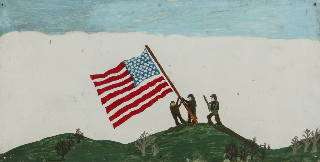 George Fournier. Folk Art Painting. Iwo Jima: George Fournier. Litchfield, Connecticut. Folk Art Painting. Iwo Jima. Oil on tin. Size: 14" x 27.5" Provenance: a private collection in New Jersey.