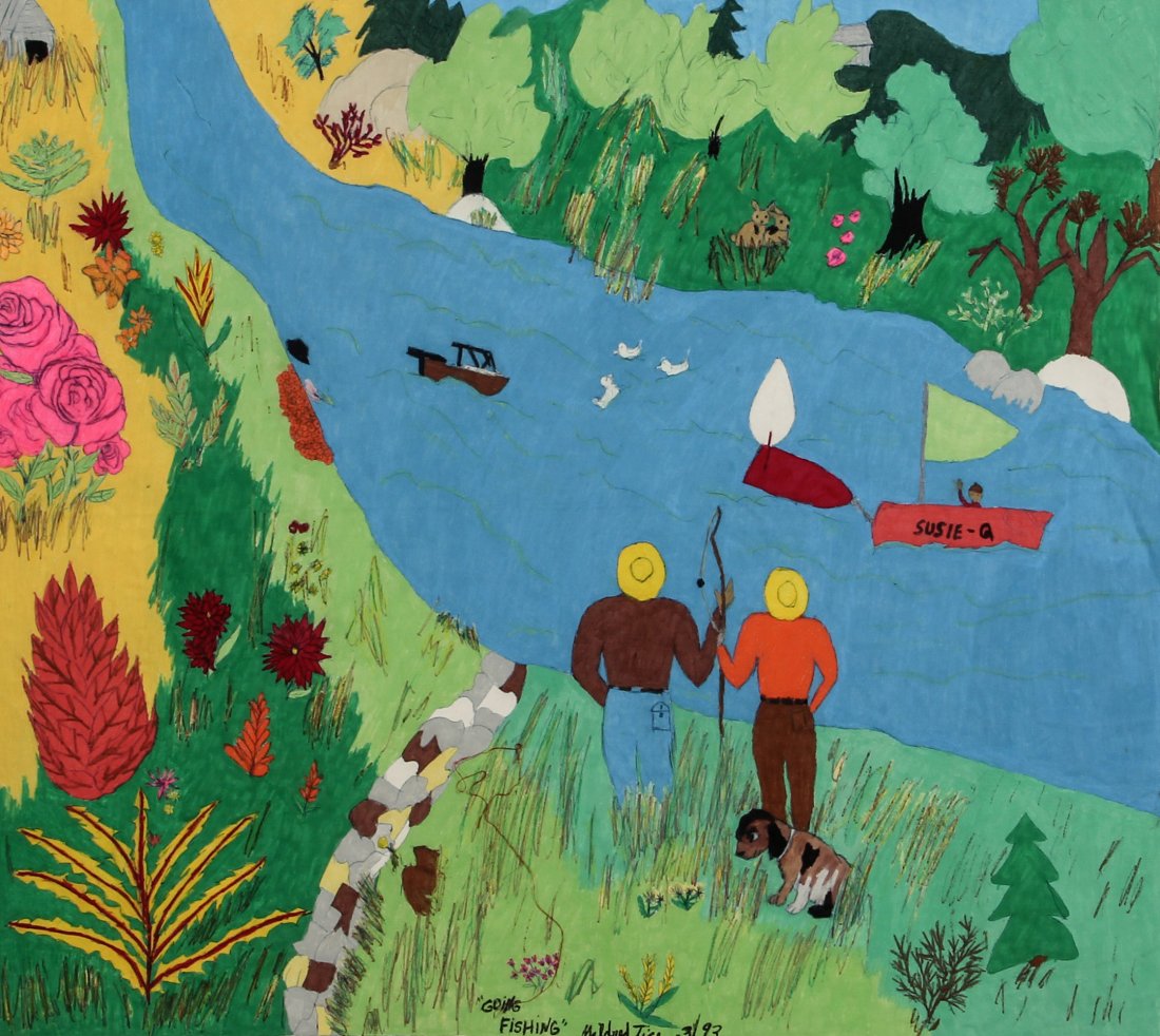 Mildred Tice Painting on Cloth "Gone Fishing": Mildred Tice, "Gone Fishing" 3/93. Size: 28.25" x 31.25". Provenance: George and Sue Viener collection.