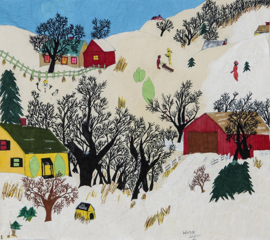 Mildred Tice Painting on Cloth: "Winter": Mildred Tice, "Winter" 4/93. Size: 28" x 31.5". Provenance: George and Sue Viener collection.