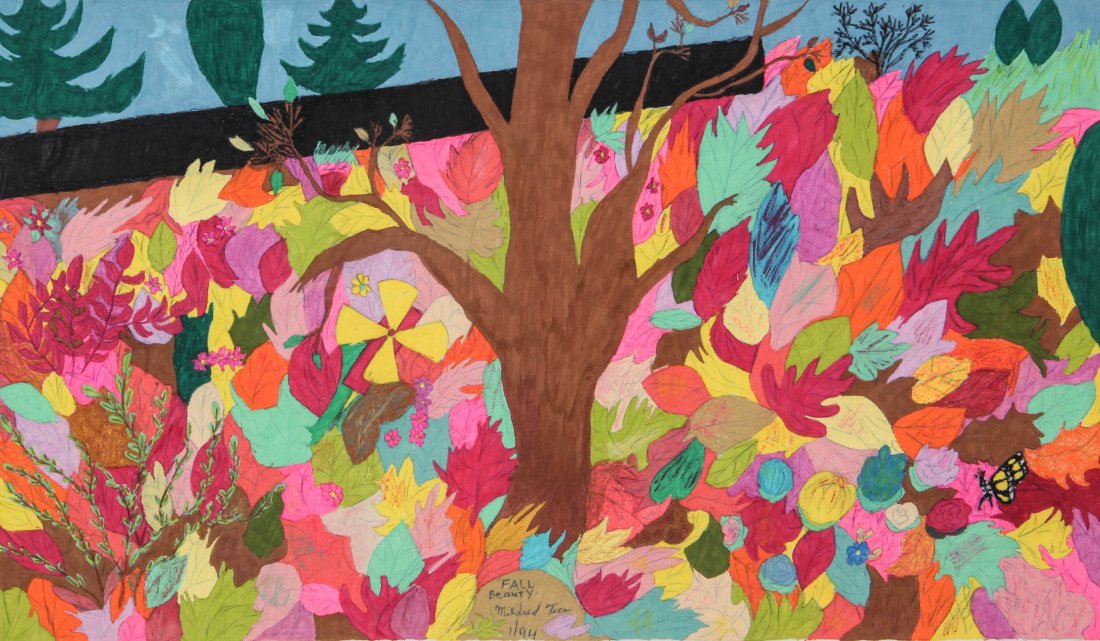 Mildred Tice Painting on Cloth: "Fall Beauty": Mildred Tice, "Fall Beauty" 1/94. Size: 18" x 30.5". Provenance: George and Sue Viener collection.