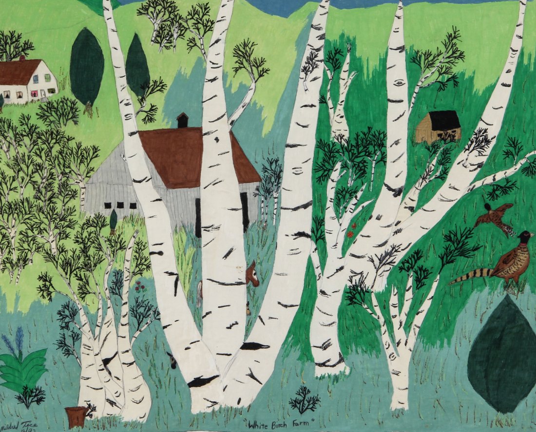 Mildred Tice Painting on Cloth: "White Birch Farm": Mildred Tice, "White Birch Farm" 12/92. Size: 24.5" x 29.5". Provenance: George and Sue Viener collection.