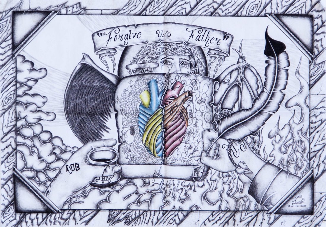 Imperio, Pano Art, Trenton State Prison: Imperio: Pano Art, Trenton State Prison, ink on cloth, "Forgive us Father" 2006. Size: 15.5" x 22". Provenance: George and Sue Viener collection.