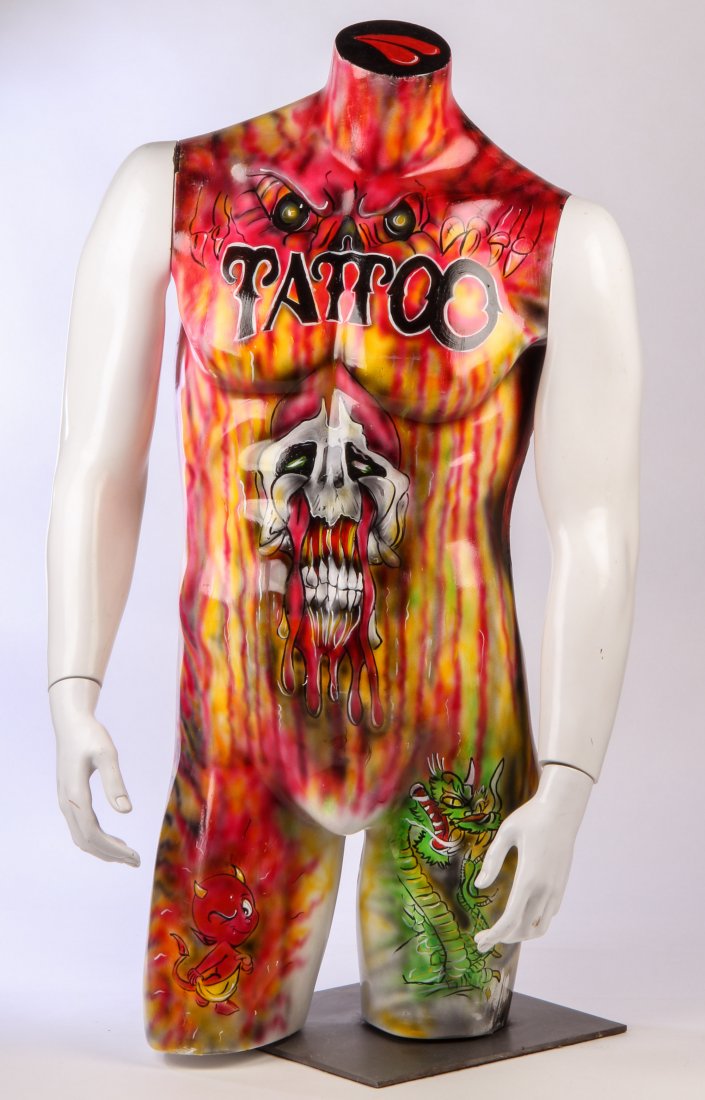 Baron Roane (American) Painted Tattoo Mannequin: Baron Roane (American) Painted Tattoo Mannequin. Size: 39" x 20" x 9".