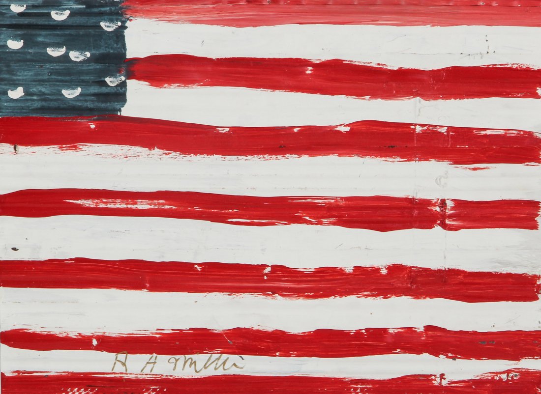 RA Miller "American Flag": RA Miller (1912-2006, Active: Georgia) "American Flag". Medium: paint on metal. Size: 13.5" x 18". Provenance: a gentleman in Virginia.