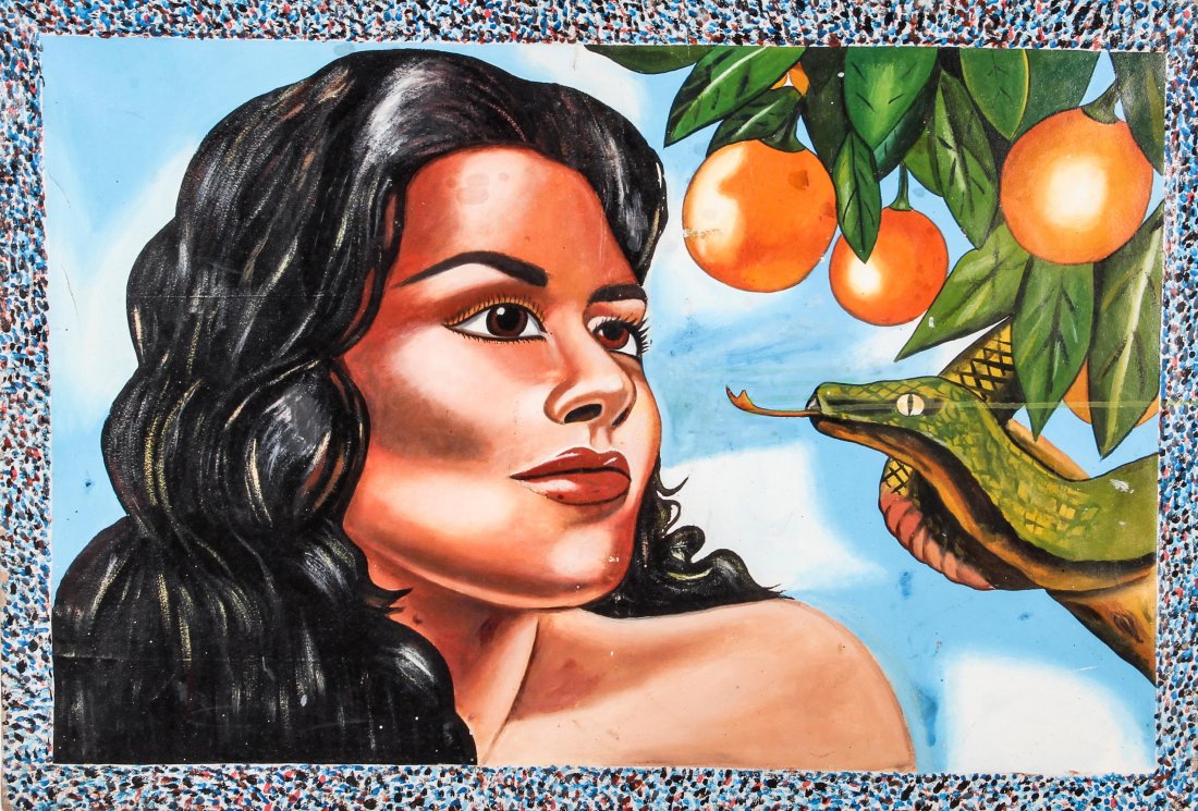 Modern African Folk Art Painting of Eve Tempted: Modern African Folk Art Painting of Eve Tempted, oil on canvas. Size: 25" x 36".