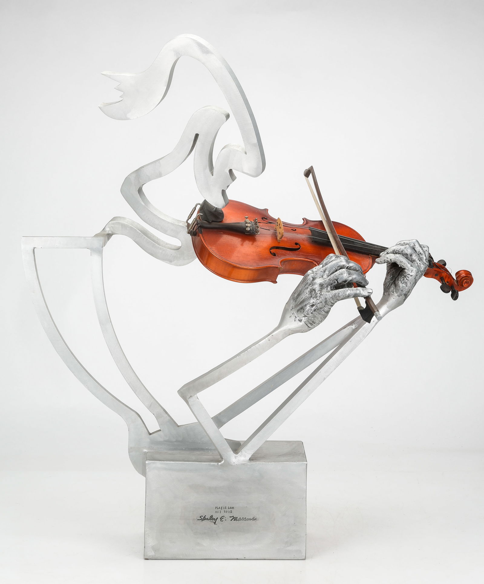 Stanley E. Marcus (American, 1926-2017) H: 34": Stanley E. Marcus (American, 1926-2017) "Play It Sam," (Violinist), May 1992, cast aluminum and violin on integral block base that is signed, titled and dated. Size: 34'' x 30'' x 21'' (86 x 76 x 53 c