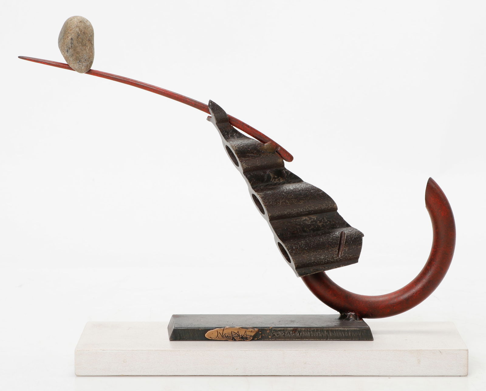 John Van Alstine (American, B. 1952) Abstract Sculpture, H: 11": John Van Alstine (American, B. 1952) "Baton V," 2007, Abstract Assemblage Sculpture. Industrial abstract sculpture in metal and stone, stamped with signature, title and date. On base. Size: 11'' x 15'