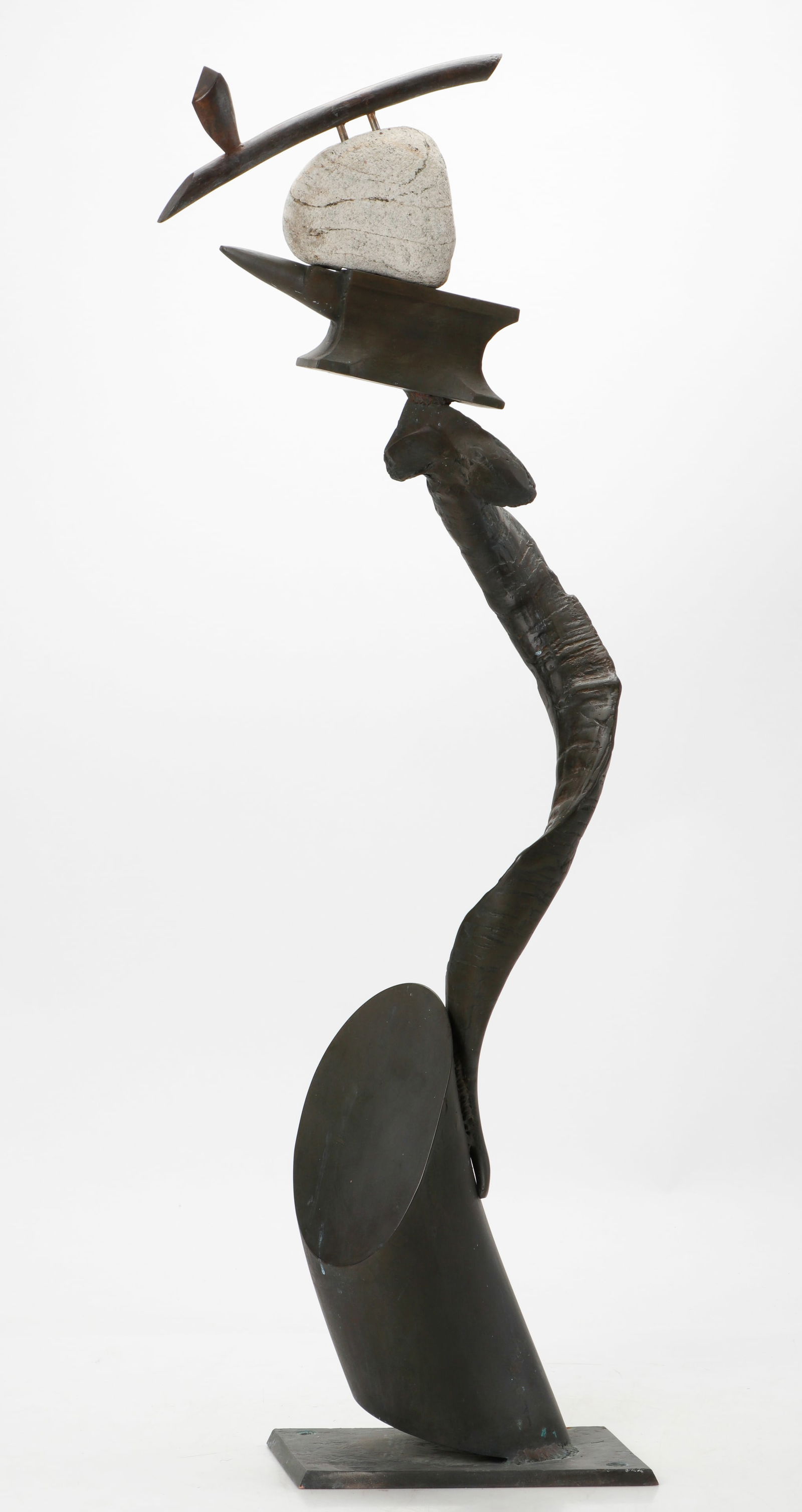 John Van Alstine (American, B. 1952) Abstract Sculpture, H: 42": John Van Alstine (American, B. 1952) "Juggler XIII," 2001, Abstract Assemblage Sculpture. Industrial abstract sculpture in metal and stone, stamped with signature, title and date. Size: 42'' x 13'' x