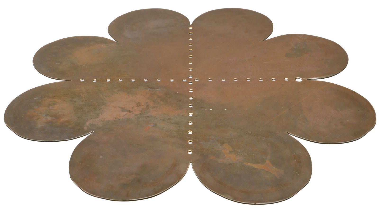 Val Bertoia (b. 1949) Sounding Gong, 2019, 30" x 30": Val Bertoia (American, b. 1949) "4-Heart Flower Sounding Gong", 2019, 8 Lobe Design Cut from a 30" square silicon-bronze plate, drilled at center for suspending. Size: 30'' x 30'' (76 x 76 cm).