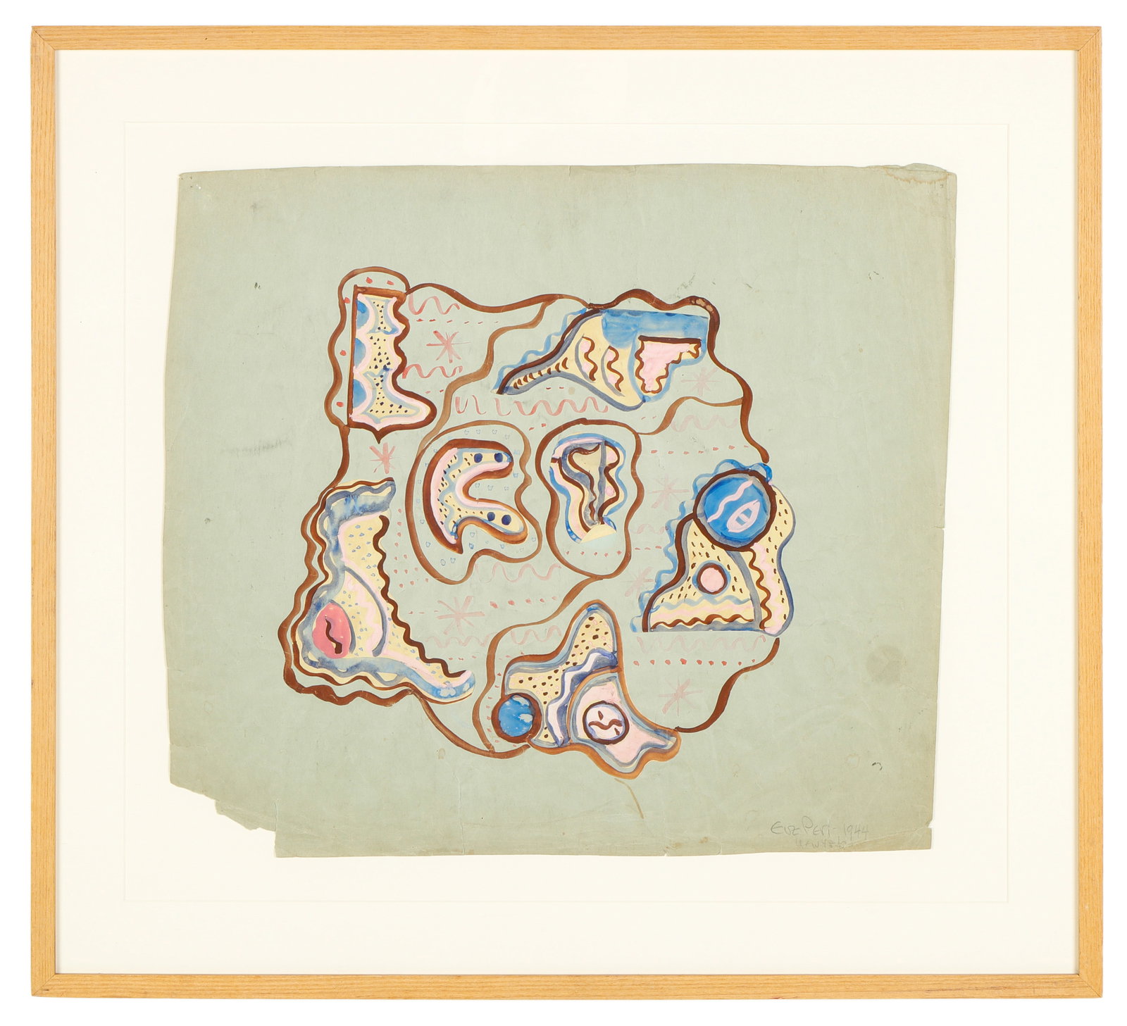 Eve Peri (1897-1966) Abstract Mixed Media, 1944, 17" x 19": Eve Peri (American, 1897-1966) (Untitled) Abstract mixed media, 1944, watercolor, gouache and collage on paper, signed and dated. Framed. Size: 17'' x 19'', 43 x 49 cm (sheet); 24.25'' x 26.5'', 62 x