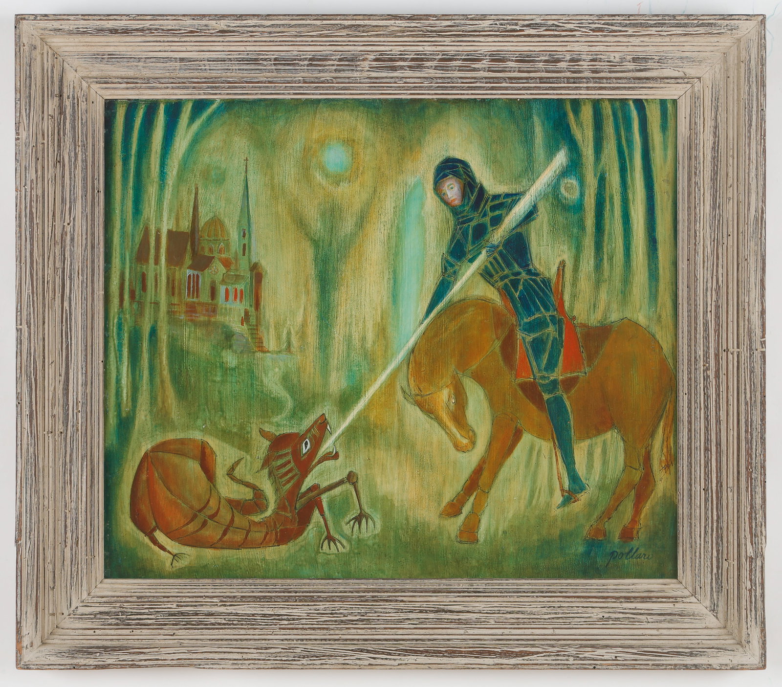 Paul Pollaro (American, 1921-2017) Painting, 21" x 25": Paul Pollaro (American, 1921-2017) "St. George And The Dragon," oil painting on masonite board, signed. Framed. Size: 21.5'' x 25.25'', 55 x 64 cm (board); 28.5'' x 32.5'', 72 x 83 cm (frame).