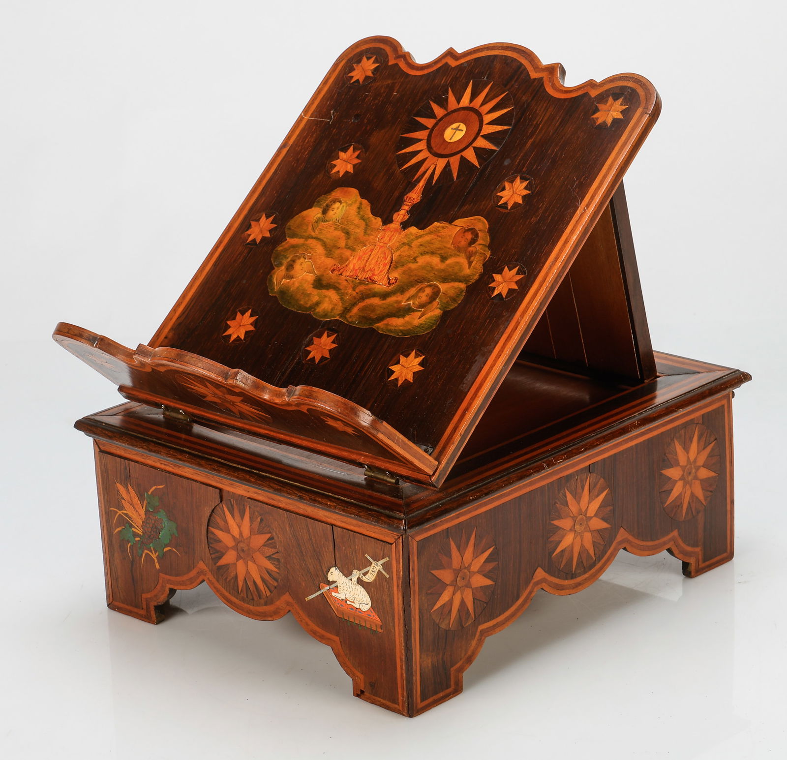 Antique Brazilian Inlaid Wood Folding Bible Stand, 13.75'' x 11.5'' x 6.25'': Antique Brazilian Inlaid Wood Folding Bible Stand. Size: 13.75'' x 11.5'' x 6.25'' (35 x 29 x 16 cm).