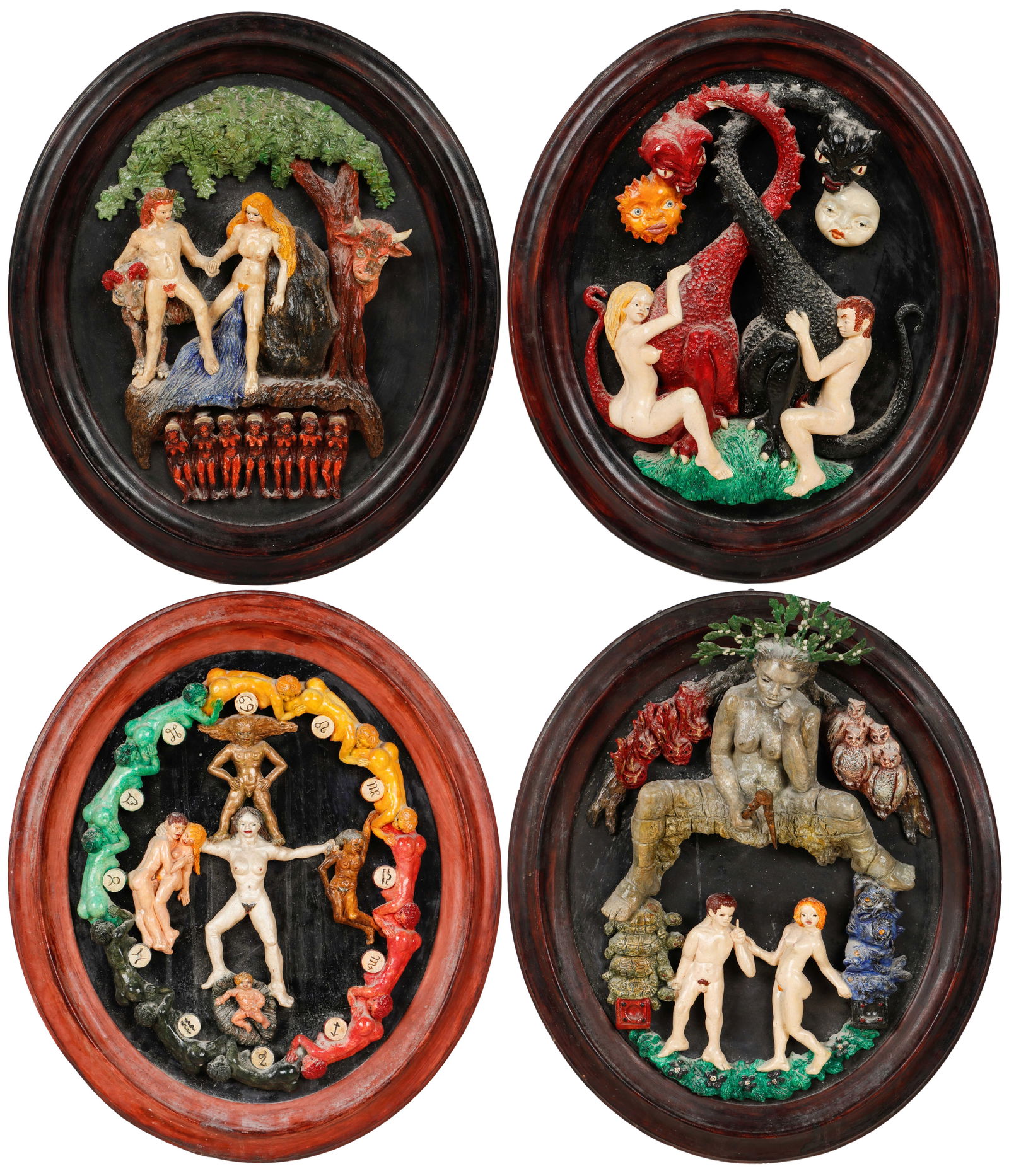 Jean-Pierre Maury (Belgium/France, 1932-2021) 4 Medallion Relief Sculptures: Jean-Pierre Maury (Belgium/France, 1932-2021) 4 Medallion Relief Sculptures. Including: The Young King at the Fountain; Caduceus; The Passage in the Cave; Nature and its Zodiac, Mixed Media (Wax, Resi