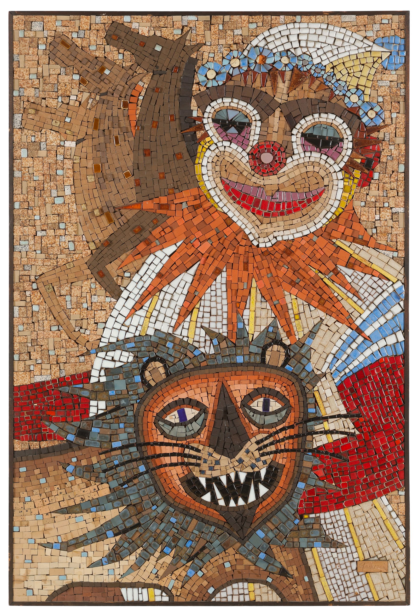 Raymond Gallucci (American, 1923-2005) Circus Mosaic, 36" x 24": Raymond Gallucci (American, 1923-2005) Circus Mosaic, Signed. Mounted on masonite. Framed. Size: 36'' x 24'' (91 x 61 cm).