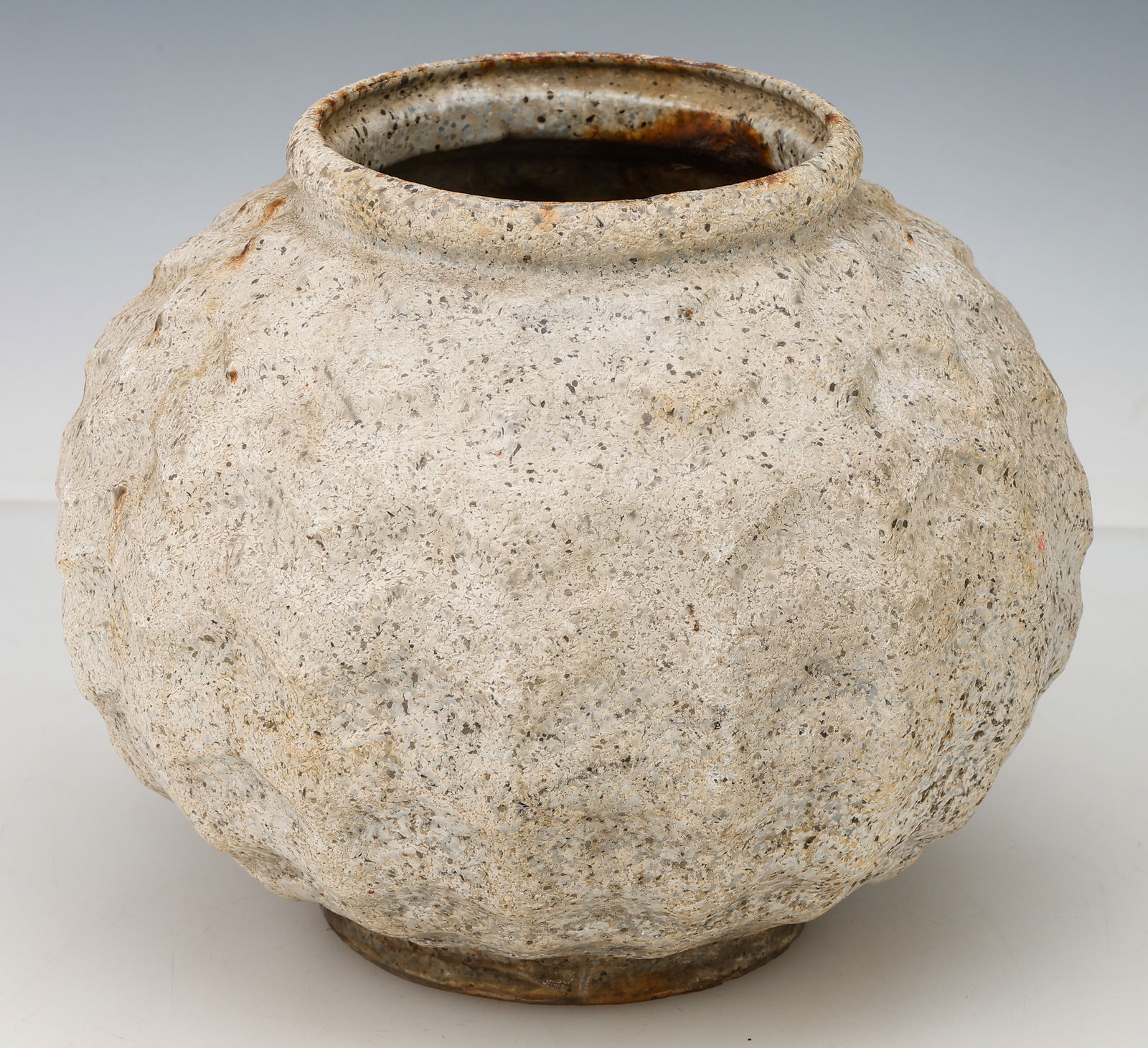 Studio Pottery Globular Vase, Glazed Ceramic, H: 8": Studio Pottery Globular Vase. Ceramic vase of a pale gray ware with notable aggregate in the fabric. Unmarked, with a small hole in the bottom. Size: 8'' x 9'' x 9'' (20 x 23 x 23 cm).