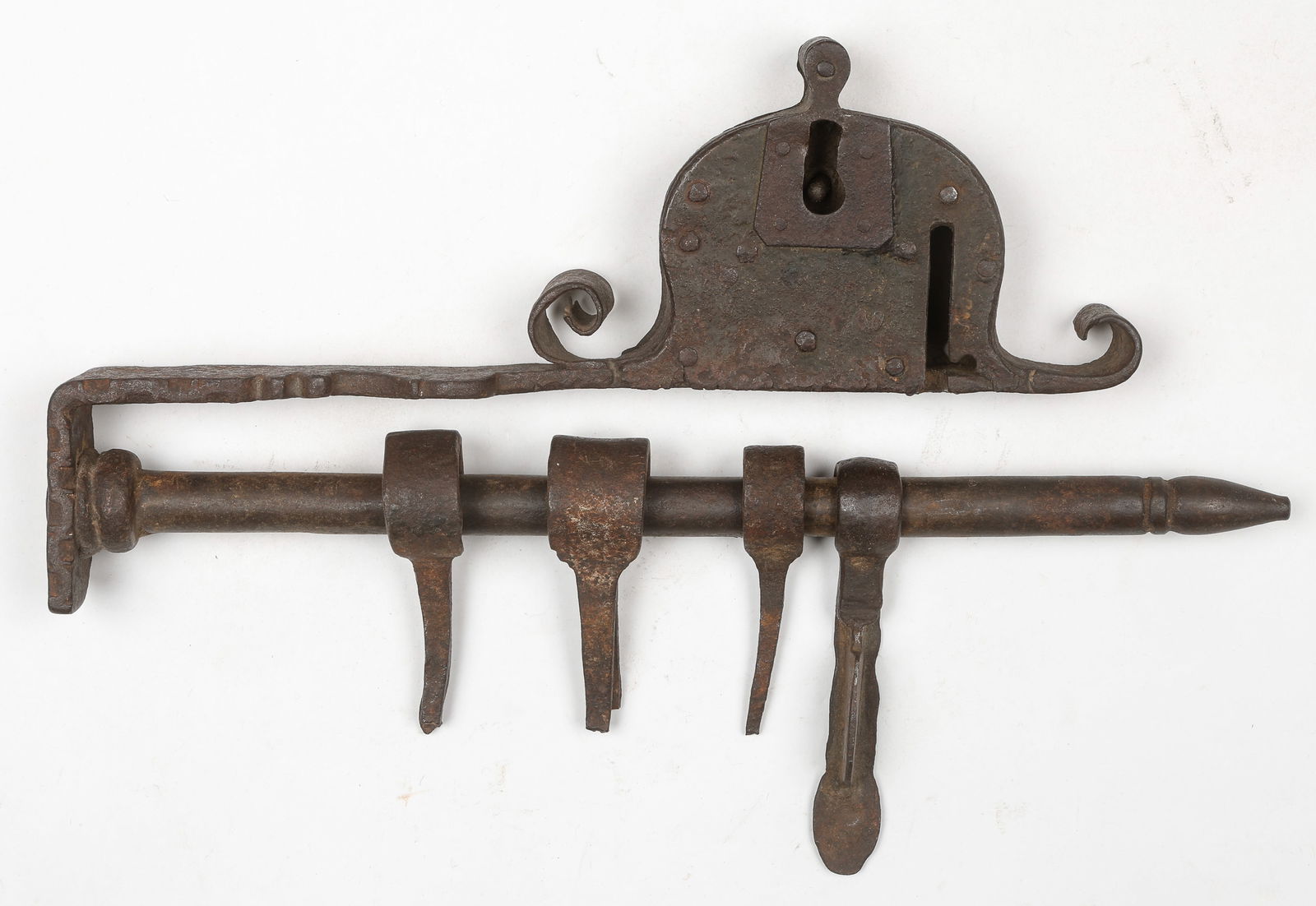 Antique Hand-Forged Iron Sliding Hasp Jail/Gate Lock, L: 15.75": Antique Hand-Forged Iron Sliding Hasp Jail/Gate Lock. Circa 18th C. Key lacking. Length: 15.75" (40 cm).