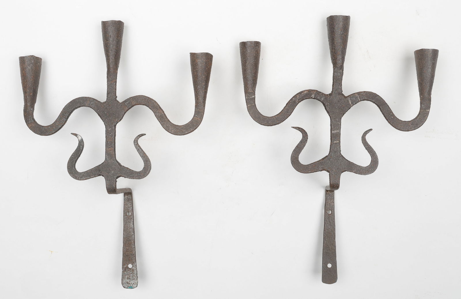 Pair of Continental Wrought Iron 3-Light Candle Sconces, H: 14": Pair of Continental Wrought Iron 3-Light Candle Sconces. Each Size approx.: 14'' x 10'' x 4'' (36 x 25 x 10 cm).