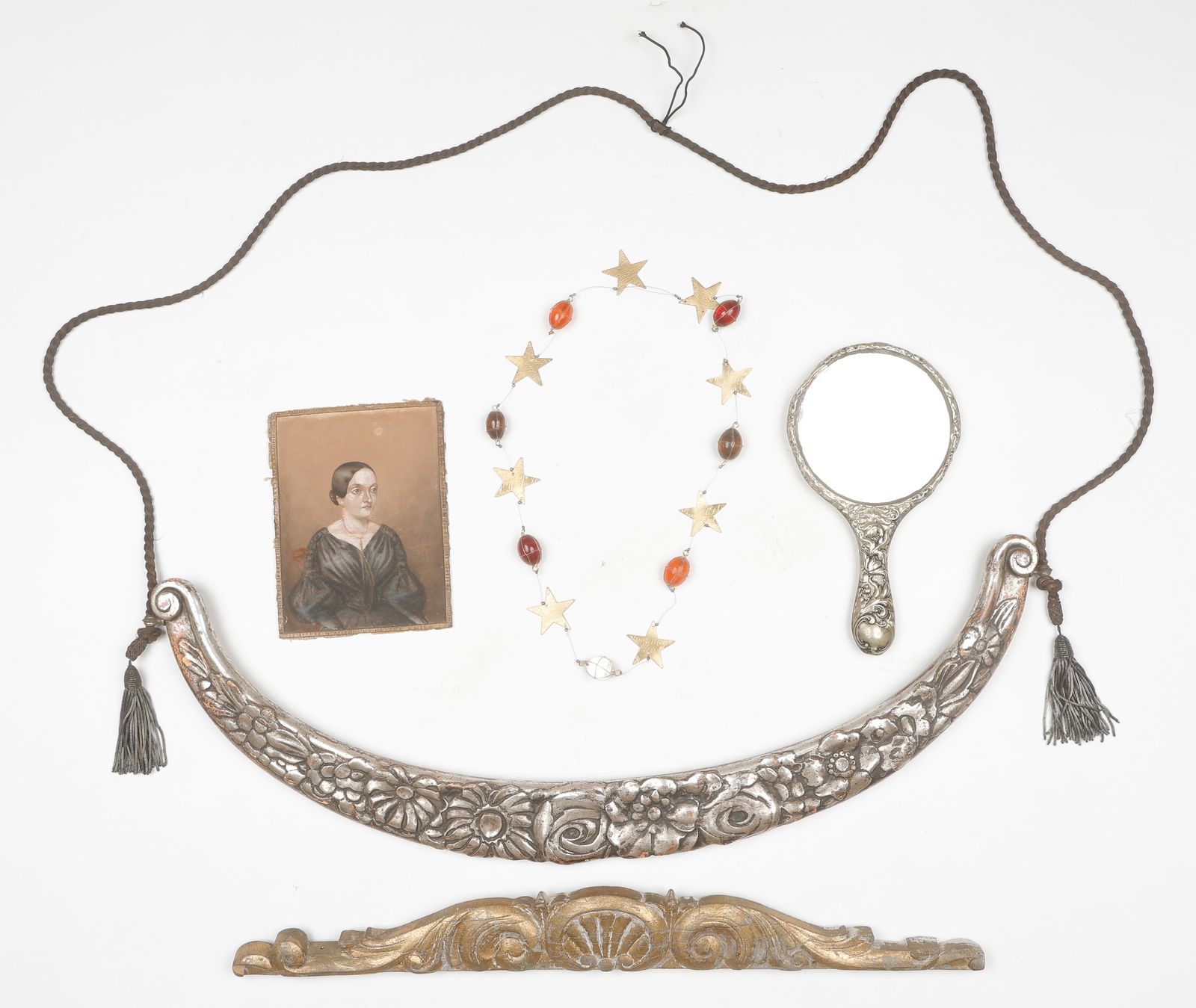 5 Vintage/Antique Decorative Items: 5 Vintage/Antique Decor Items. Includes a small portrait of a woman, a hand mirror, a string of orange/red beads with metal stars, and two carved painted wooden pieces that could be hung on a wall. Si